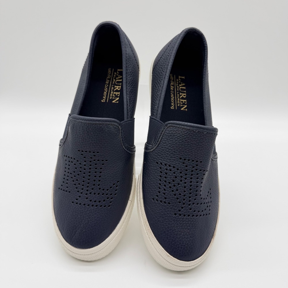 Lauren Ralph Lauren Jarrett Navy Leather Slip On Sneakers Perforated RL Logo 5B